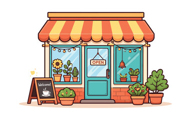 Obraz premium Small business storefront featuring an 'Open' sign, charming plants, and a welcoming chalkboard for visitors