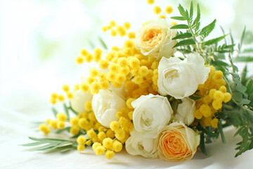 明るいイエローフラワー背景素材｜ナチュラルで広告向きの春イメージ ミモザ＆スプレーローズ