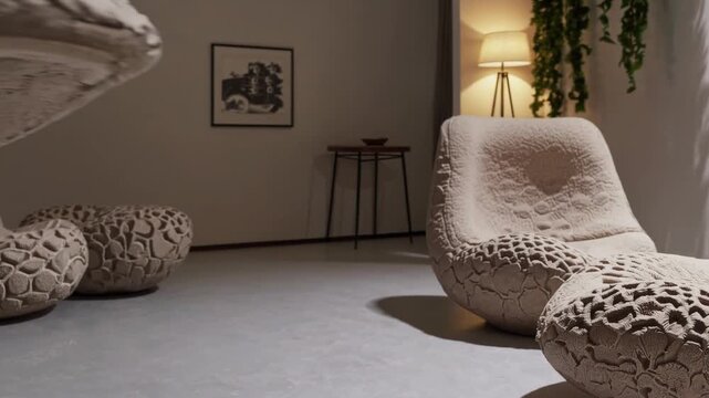 Contemporary Furniture Display. Stylish Lounge Arrangement With Plants. Modern Interior With Cozy Furniture And Decor. Elegant Lounge Setup Featuring Natural Textures And Ambient Lighting