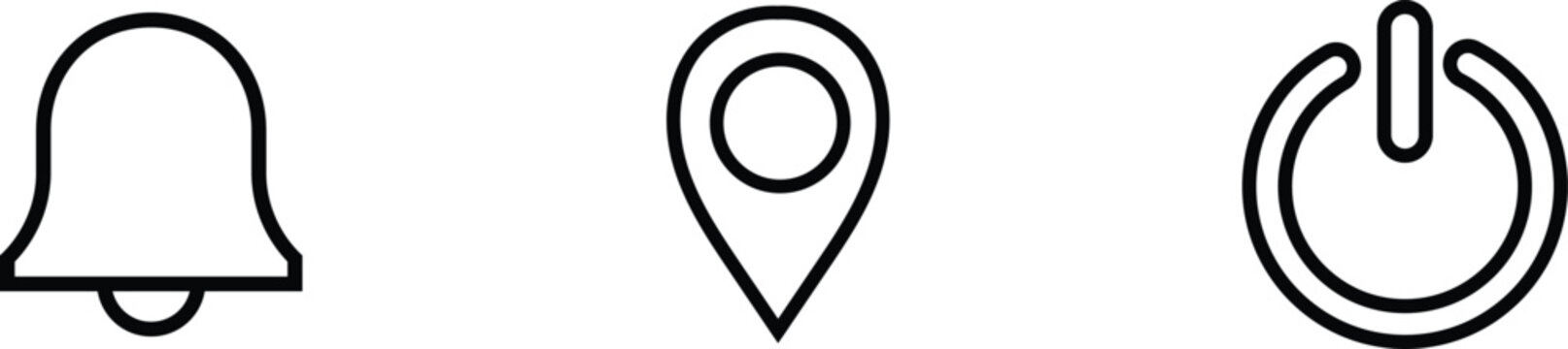 Notification location and power button outline icons set. Vector illustration
