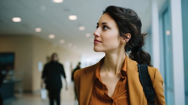 Determined Glance: A sophisticated woman with a focused gaze strides through a modern, light-filled building interior. She embodies a sense of purpose and confidence.