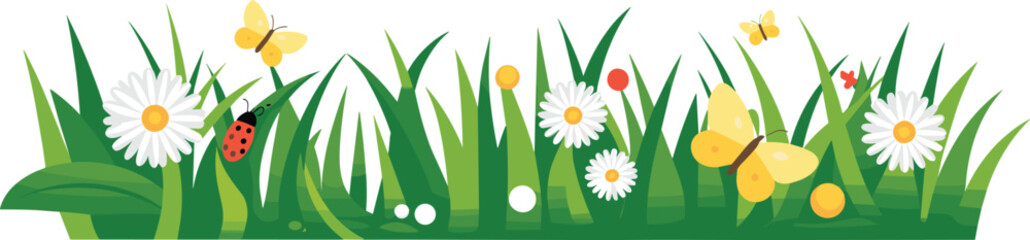 Spring grass border vector illustration, green meadow with daisies butterflies and ladybug isolated on white background design © AMINA