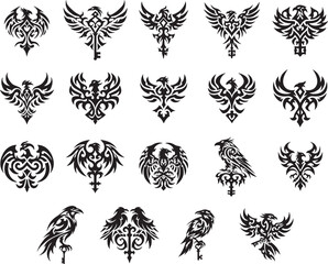 Tribal Phoenix Key Emblem Tattoo Vector Symbol Set