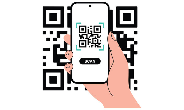 Hand holding smartphone with qr code on screen and scan button ready for payment or information transfer using mobile device technology efficiently.
