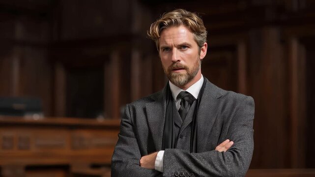 Confident attorney in formal attire speaks with authority in a courtroom during a prosecution case presentation