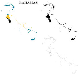 Obraz premium The Bahamas Country Maps Bundle with National Flag, Black Silhouette and Detailed Outline Contours