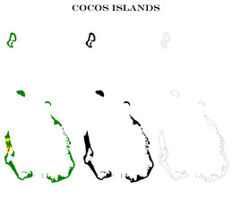Obraz premium Cocos Keeling Islands Map Bundle with Flag, Black Silhouette and Detailed Outline Contours