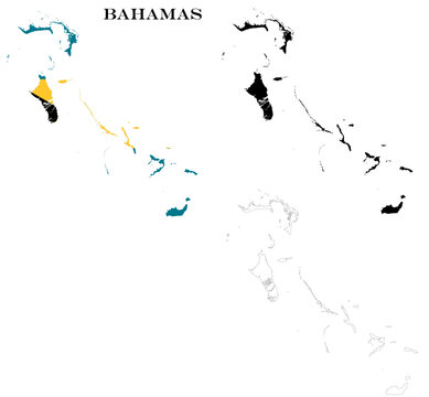 The Bahamas Country Maps Bundle with National Flag, Black Silhouette and Detailed Outline Contours