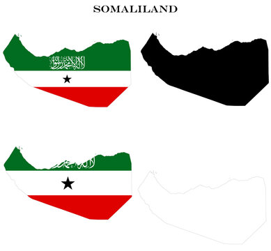 Somaliland Country Maps Bundle with National Flag, Black Silhouette and Detailed Outline Contours