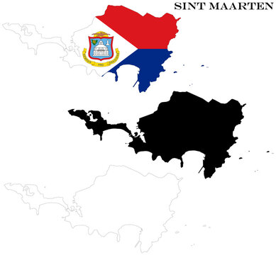 Sint Maarten Country Maps Bundle with National Flag, Black Silhouette and Detailed Outline Contours