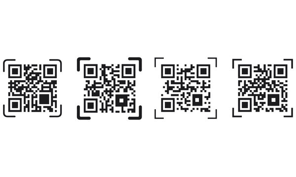Four different qr codes with scanning brackets on white background for various uses