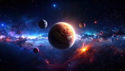 Naklejka premium Planets floating in space with colorful nebulae background, ideal for science