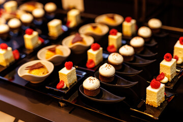 Gourmet Mini Desserts and Pastries on Presentation Tray © 9parusnikov