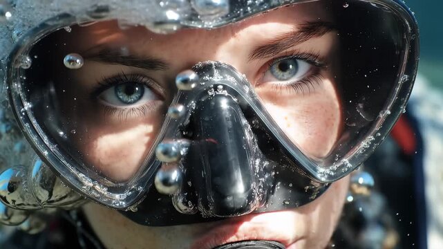 Close-up of female diver underwater focused on exploration during a diving lesson with a male divemaster in a vibrant marine environment
