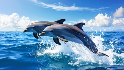 Fototapeta premium Dolphins leap from clear blue ocean waters with splash and spray under sunny sky