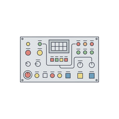 Industrial Control Panel Illustration Featuring Dials, Switches, and a Control Box in a Technical Setting