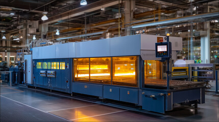 Obraz premium Automated glass tempering furnace heating and rapidly cooling large architectural glass panels in a modern facility, perfect for tempered glass manufacturing, heat treatment techno