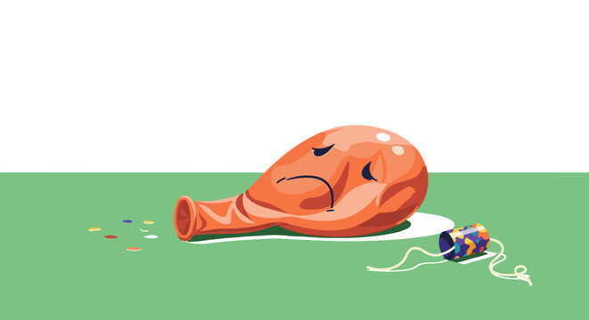 Sad Deflated Balloon with Confetti, Party's Over Concept, Post-Celebration Blues, Isolated on transparent background. Birthday, Loss, Anniversary, and Event Symbolism.