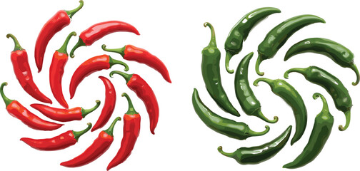 Red and green chili peppers spiral arrangement, fresh hot spicy vegetable vector illustration isolated on light background for food design and culinary branding