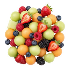 Assortment of fresh berries and melons in circular arrangement