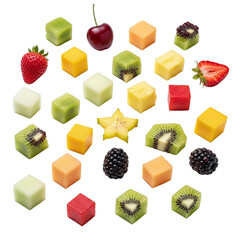 Scattered fruit pieces and whole berries on transparent background