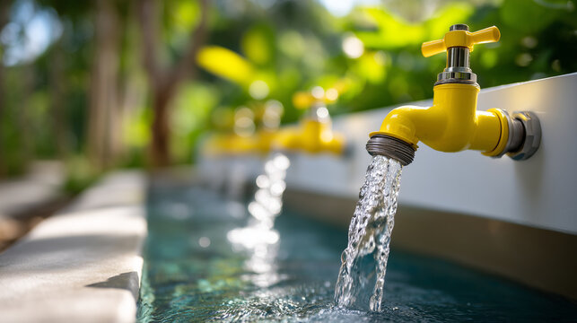 Wide-angle outdoor photograph of a series of vivid yellow water faucets mounted on a clean white wall, each flowing with crystal-clear water into a tranquil shallow pool below, lus