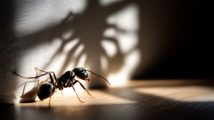 Fototapeta premium single small black ant walking across clean surface casting enormous monstrous shadow on wall behind, dramatic low angle lighting, high contrast, minimal neutral background, sharp