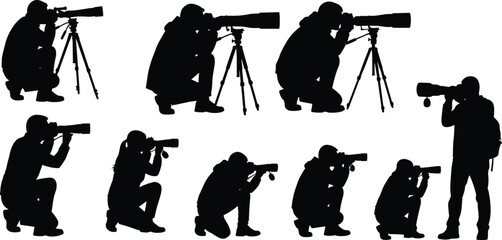 Photographer silhouette set vector, professional camera operator with telephoto lens isolated on white background illustration collection