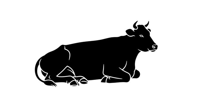Black Silhouette of a Resting Cow in Pasture. Vector Illustrations. EPS Editable