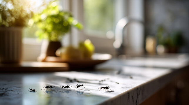 close up of small black ants forming a trail across light kitchen countertop, sharp detail, natural daylight, shallow depth of field, realistic commercial photography, minimal clea