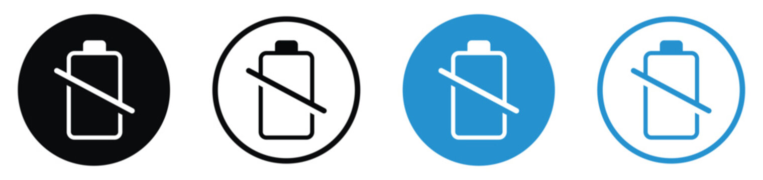 Battery with slash line icon set. Represents disconnected power, charging error, or no battery detected. Includes flat and outline designs in black and blue circles for app interfaces.