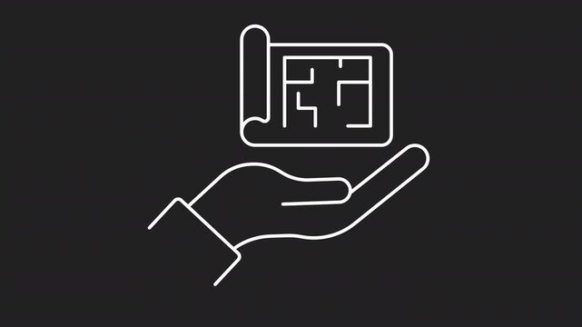 Hand Holding Architectural Floor Plan White  Line Icon Animation Representing House Blueprint, Building Planning and Real Estate Project Concept on Transparent Background