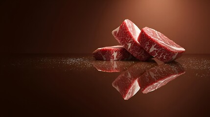 Close-up of premium marbled beef cuts on a reflective surface, showcasing rich textures and vibrant colors.
