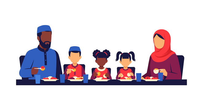 Diverse family dining together around a table. Vector Illustrations. EPS Editable