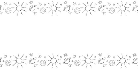 Vector frame from contour planets, stars, suns in doodle style. Horizontal top and bottom edging, border, decoration on theme of space, astronomy, fantastic, kids design © Iuliia