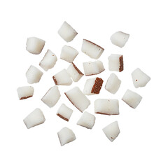 Scattered coconut pieces with brown skin on transparent background