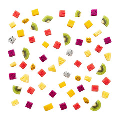 Scattered cut exotic fruits and berries on transparent background