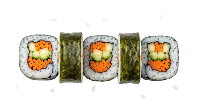 Isolated maki sushi roll pieces with vegetables, delicious Japanese seafood lunch set