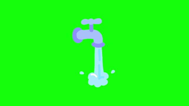 Looping 2D animation of a cute cartoon light purple faucet with continuous water flowing on bright green chroma key background &mdash; smooth transparent blue water stream pouring downward.