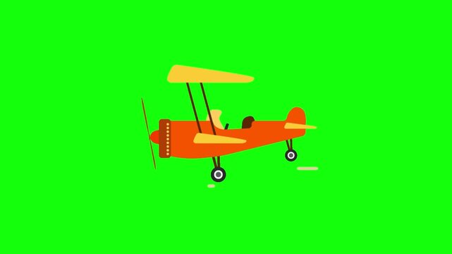 Looping 2D animation of a cute orange cartoon biplane flying on bright green chroma key background &mdash; propeller spinning rapidly with motion blur, plane gently bobbing up and down while moving forward.