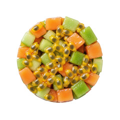 Fruit salad bowl with melon papaya passion fruit cubes