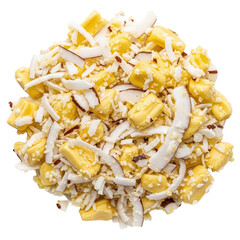 Jackfruit pieces with shredded coconut in tropical fruit mix