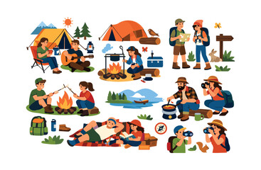 Fototapeta premium Set of vector illustrations depicting various outdoor and camping activities including cooking, hiking, exploring, and relaxing