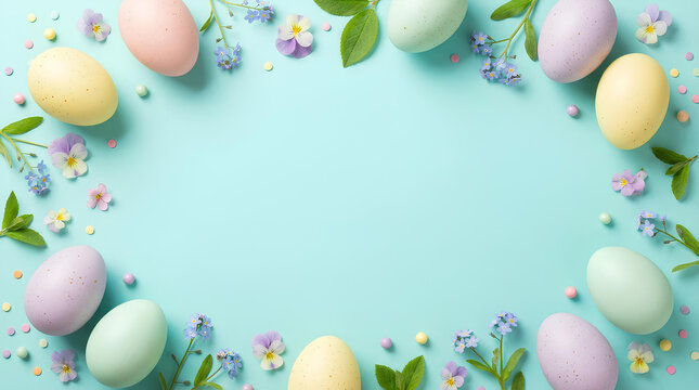 Colorful Easter eggs and flowers arranged in a circle on a turquoise background
