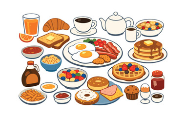 Delicious breakfast and brunch items, including eggs, bacon, pancakes, waffles, fruit, and coffee, suitable for menus