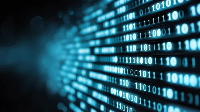 Digital representation of blue binary data flowing across a computer screen background, illustrating technology and information processing in a modern interface