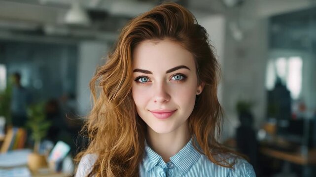 Radiant Confidence in Office: A stunning woman with auburn tresses, emanating poise and approachability. Her expressive eyes and inviting smile speak of both capability and approachability.