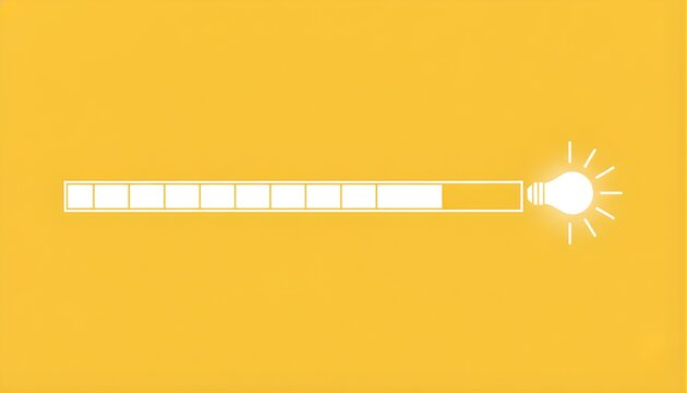 Loading progress bar with light bulb icon at end on yellow background illustrates creative process idea generation startup development technical innovation thinking phase and project implementation
