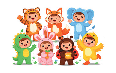 Obraz premium Collection of joyful cartoon kids in vibrant animal outfits, showcasing happiness and variety against a white backdrop