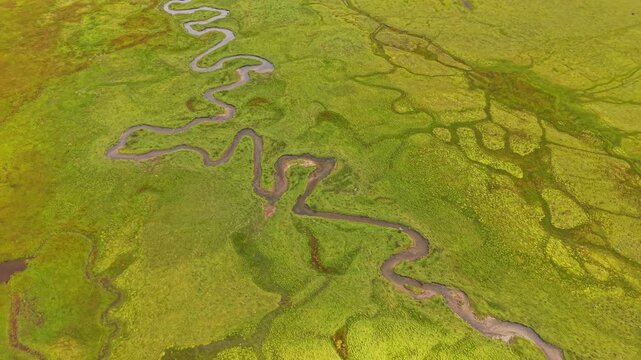 Aerial view of the Phobjikha Valley, where a winding river carves through lush, green meadows, creating a serene and picturesque landscape, Nubding, Bhutan.